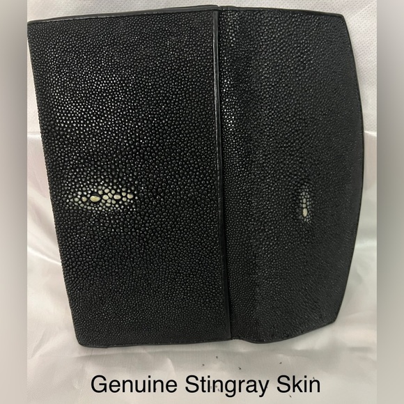 Black Long Wallet Genuine Sparkling Sting Ray Skin Billfold Snap & Zipper - Picture 3 of 8